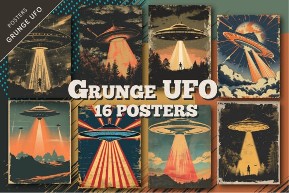 Grunge UFO Posters. Retro Art. Afbeelding AI Illustraties Door Keno Shop