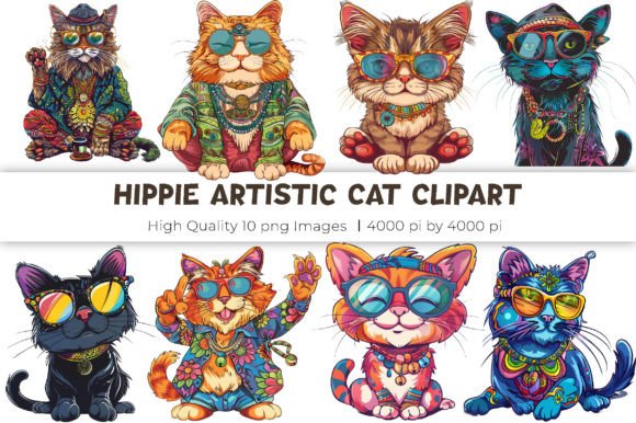 Hippie Artistic Cat Clipart Illustration Illustrations Imprimables Par mirazooze
