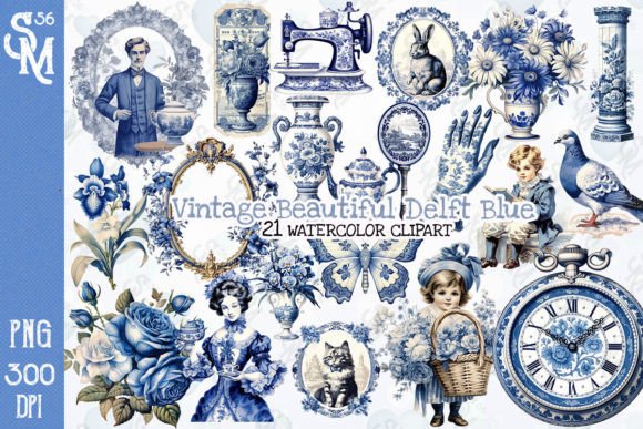 Vintage Beautiful Delft Blue Clipart PNG Grafik Druckbare Illustrationen Von StevenMunoz56