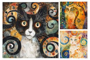 Watercolor Klimt Cat Portrait Paper Graphic Backgrounds By mirazooze 2