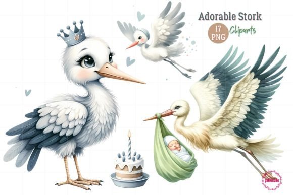 Watercolor Stork Clipart, Baby Shower Graphic Crafts By pakkarada