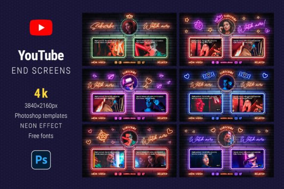 Neon YouTube End Screens Graphic Social Media Templates By Sko4