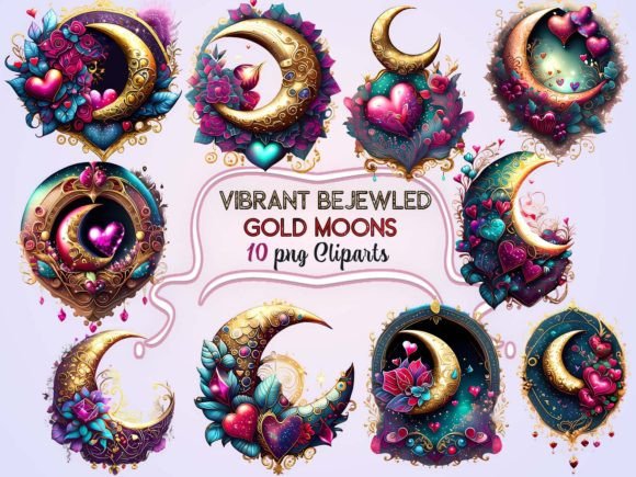 Vibrant Bejeweled Gold Moons Sublimation Grafik Druckbare Illustrationen Von EdeniaArtStudio