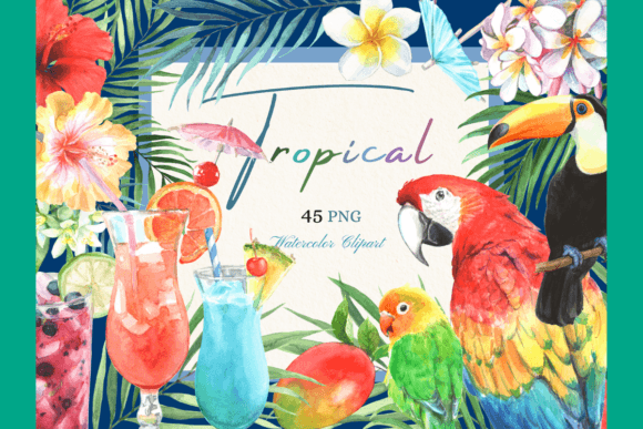 Watercolor Tropical Elements Clipart Set Gráfico Ilustraciones Imprimibles Por NaniDream Studio