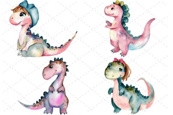 4 Watercolor Dinosaurs Girl Bundle Graphic Illustrations By Design Store