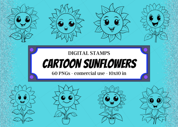 60 Cartoon Sunflowers Digital Stamps Grafika Ilustracje AI Przez Maya Silvercat Shop