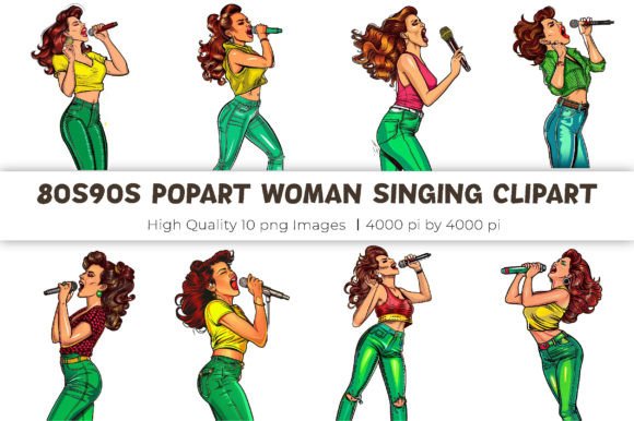 80s 90s Pop Art Woman Singing Clipart Gráfico Ilustraciones Imprimibles Por mirazooze