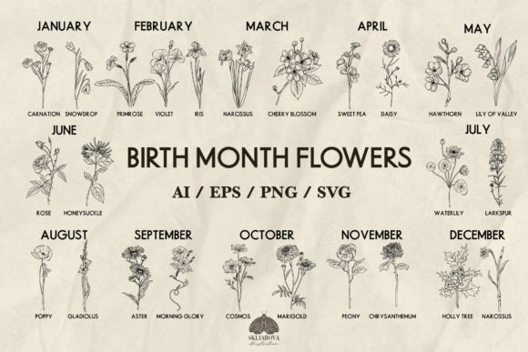 Birth Month Flowers Svg Bundle Grafik Druckbare Illustrationen Von HappyWatercolorShop