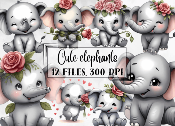 Cute Elephants Clipart, Little Elephants Gráfico Ilustrações para Impressão Por AnetArtStore