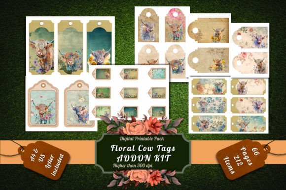 Floral Highland Cow Pages & Tags Kits Graphic Backgrounds By artisticwayco