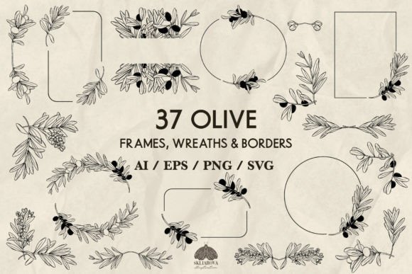 Olive Frames, Wreaths & Borders SVG PNG Gráfico Ilustraciones Imprimibles Por HappyWatercolorShop