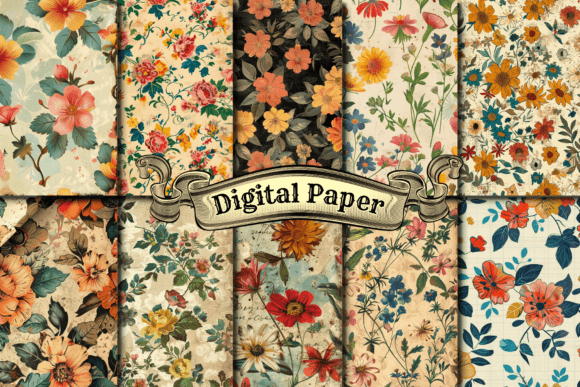 Retro Floral Digital Paper Set Graphic Illustrations By craftsmaker