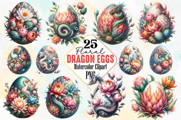 Watercolor Floral Dragon Eggs Clipart Graphic Illustrations By RobertsArt