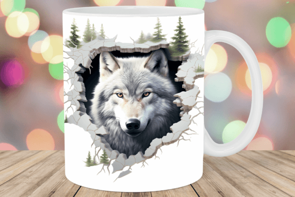 3D Wolf Forest Hole in a Wall Mug Wrap Illustration Artisanat Par Ozzie Digital Art