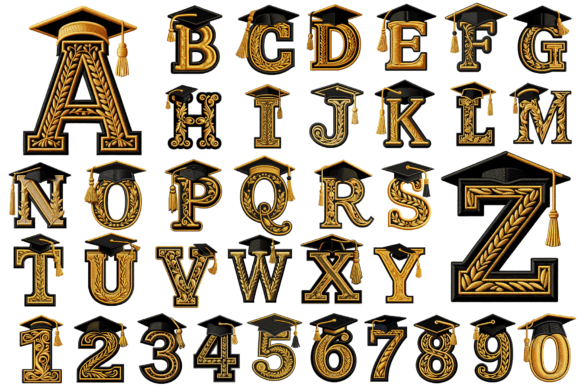 Graduation Embroidery Alphabet Letters Graphic AI Transparent PNGs By LadyAndBuns