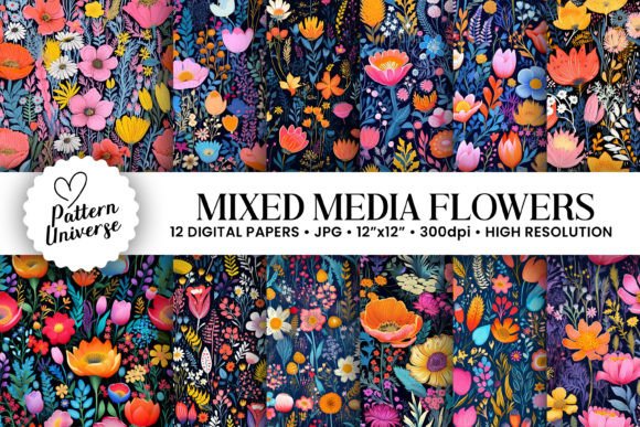 Mixed Media Floral Digital Papers Graphic Patterns By Pattern Universe