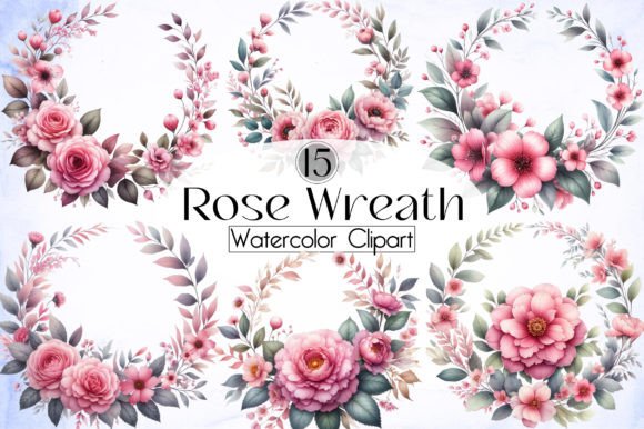 Rose Watercolor Wreath Clipart Gráfico Ilustraciones Imprimibles Por LibbyWishes