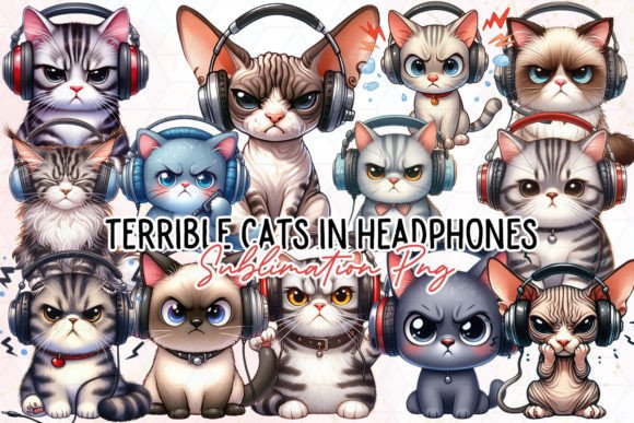 Terrible Cats in Headphones Clipart PNG Gráfico Manualidades Por Little Lady Design