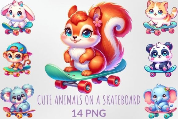 Cute Animals on a Skateboard Sublimation Gráfico Ilustraciones Imprimibles Por DigitalCreativeDen