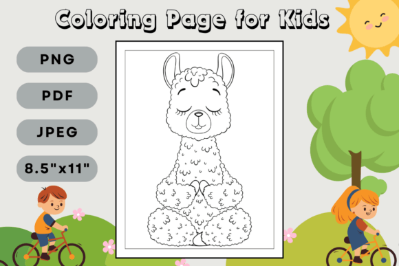 Cute Baby Llama Doing Yoga Coloring Page Gráfico Páginas y libros de colorear para niños Por Kingdom of Arts