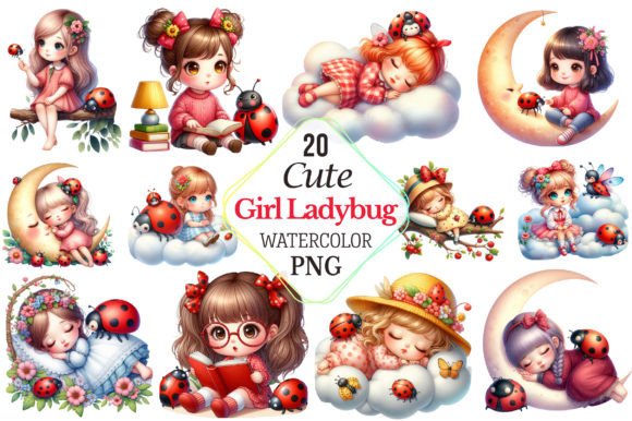 Cute Girl Ladybug Watercolor Clipart Grafika Ilustracje do Druku Przez RevolutionCraft
