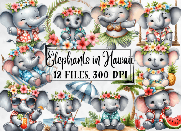 Elephant Clipart, Hawaii Clipart Gráfico Ilustraciones Imprimibles Por AnetArtStore