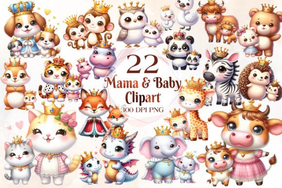 Royal Mom and Baby Animal Clipart Gráfico Ilustraciones Imprimibles Por Cat Lady