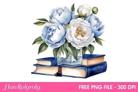 Blue and White Peonies with Books Png Graphic Illustrations By Han Rolyroly