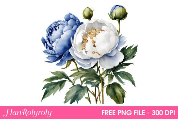 Blue and White Peonies with Books Png Gráfico Ilustraciones Imprimibles Por Han Rolyroly
