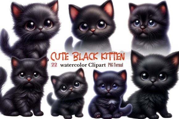 Cute Black Kitten Clipart Gráfico Ilustraciones Imprimibles Por craftvillage