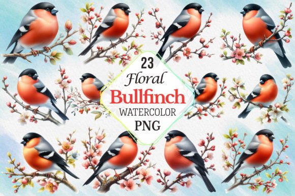 Floral Bullfinch Birds Clipart Grafik Druckbare Illustrationen Von RevolutionCraft
