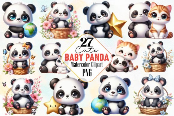 Watercolor Cute Baby Panda Clipart Gráfico Ilustraciones Imprimibles Por RobertsArt