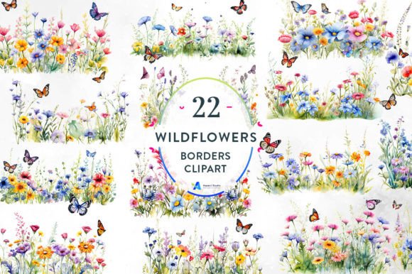 Wildflowers Border Watercolor Clipart Gráfico Ilustrações para Impressão Por Aspect_Studio