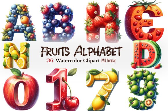 Fruits Alphabet Clipart Gráfico Ilustrações para Impressão Por craftvillage