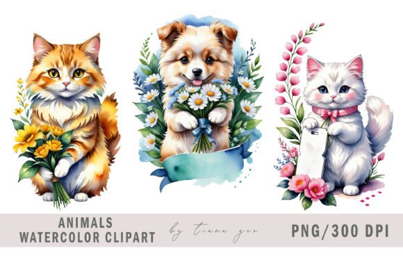 Cute Dog and Cat with Flowers Clipart Graphic AI Transparent PNGs By Tiana Geo