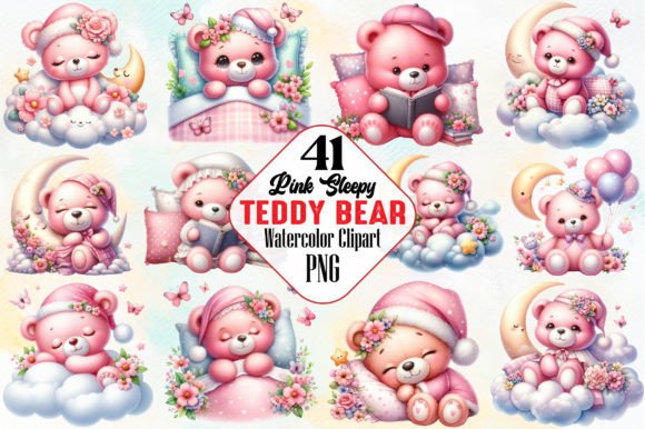 Pink Sleepy Teddy Bear Clipart PNG Graphic Illustrations By RobertsArt