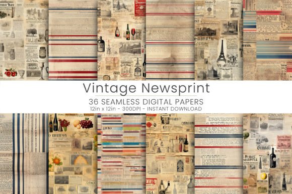 Vintage Newsprint Digital Paper Graphic Patterns By Mehtap