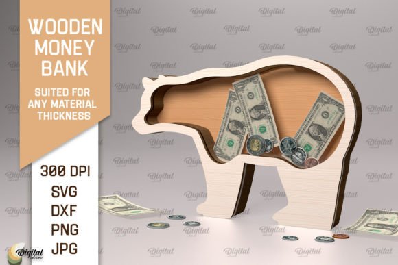 Wooden Money Bank Laser Cut. Bear SVG Illustration SVG 3D Par Digital Idea