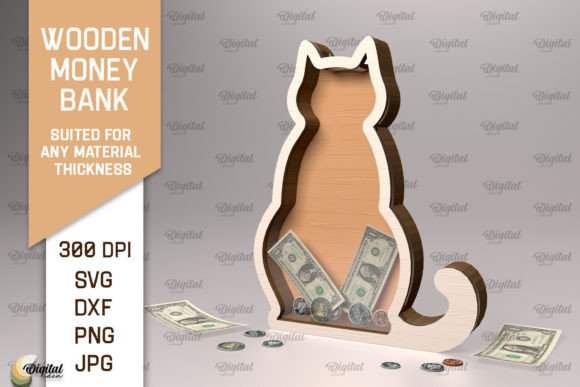 Wooden Money Bank Laser Cut. Cat SVG Illustration SVG 3D Par Digital Idea