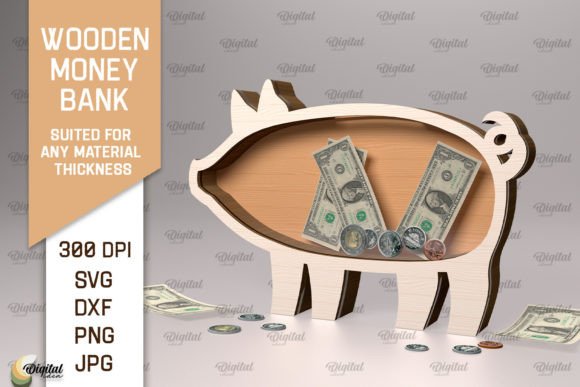 Wooden Money Bank Laser Cut. Pig SVG Illustration SVG 3D Par Digital Idea