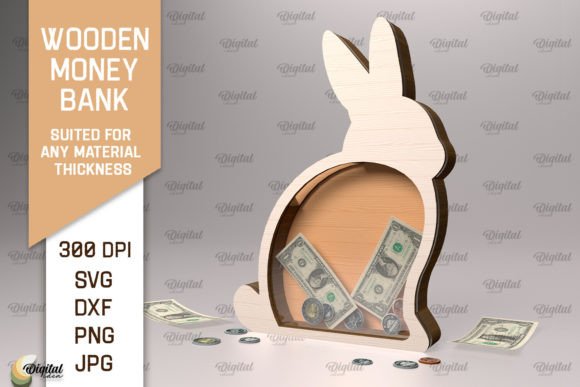 Wooden Money Bank Laser Cut. Rabbit SVG Illustration SVG 3D Par Digital Idea