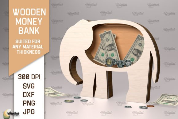 Wooden Money Bank LaserCut. Elephant SVG Illustration SVG 3D Par Digital Idea