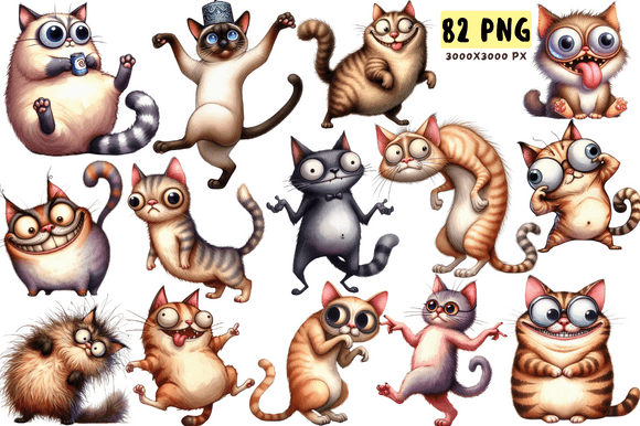 Crazy Funny Cats Characters Clipart PNG Illustration Générateurs de Scènes Par Lelix Art