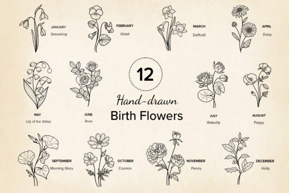 12 X Birth Month Flowers Vector SVG, EPS Grafika Ilustracje do Druku Przez Paper Art Garden