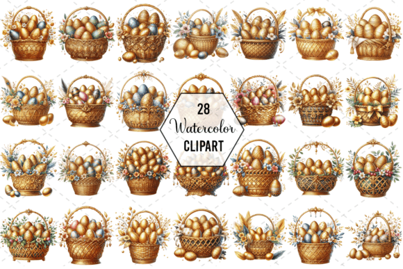 Golden Easter Egg Basket Clipart Bundle Gráfico Ilustraciones Imprimibles Por Design Store