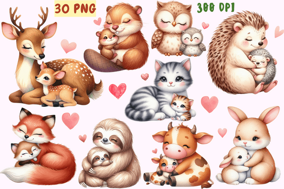 Mothers and Babies Nursery Animals PNG Graphic Print Templates By Lelix Art