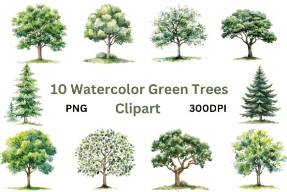 Pastel Watercolor Green Trees Clipart Gráfico Ilustraciones Imprimibles Por Creative Flow