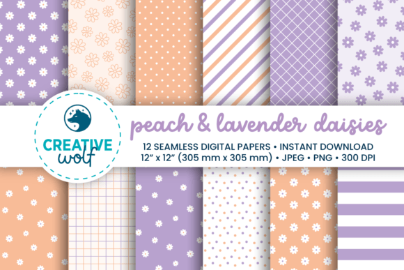 Peach Fuzz & Lavender Daisies Patterns Graphic Patterns By Creative Wolf Design