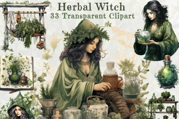 Herbal Witch Watercolor Clipart Bundle Gráfico PNGs transparentes de IA Por GraphicGraceBoutique