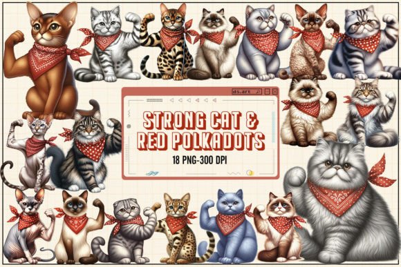 Strong Cat and Red Polkadots Bandana Illustration Illustrations Imprimables Par DS.Art